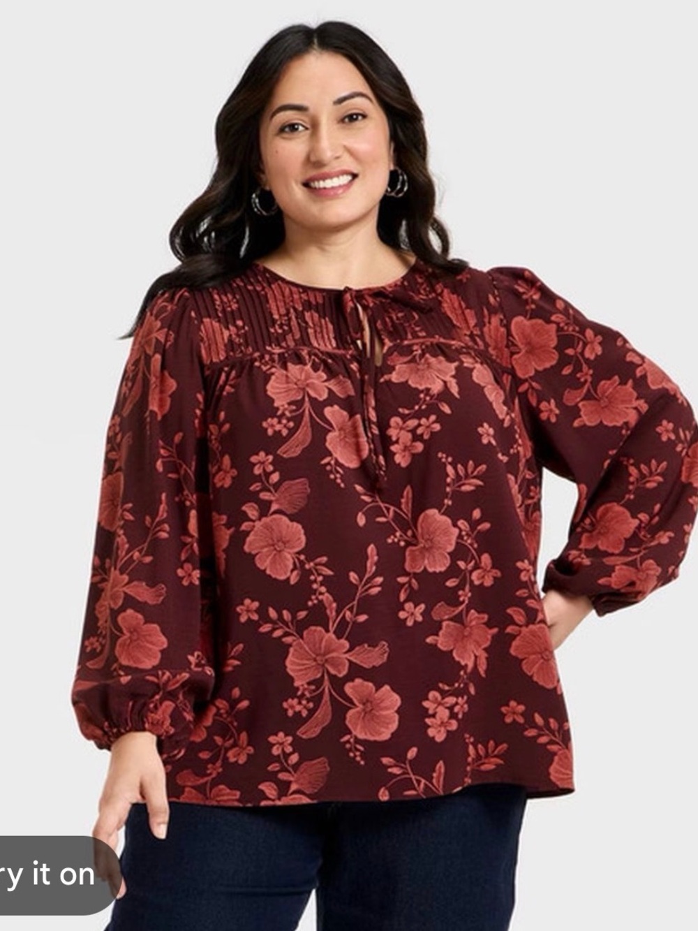 Ava & Viv Burgundy Floral Pintuck Peasant Blouse
